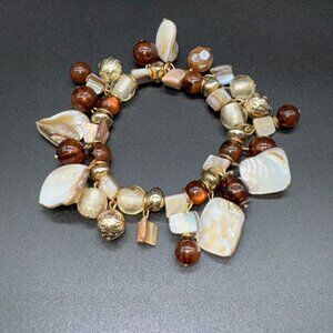 Artisan Made Beaded Bracelet Stretchy with Shells Brown and White